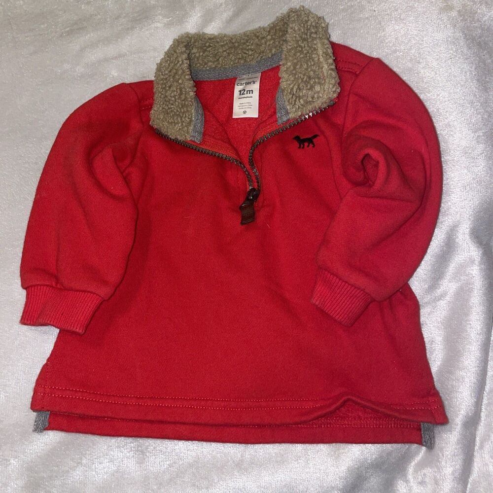 Carters 12 Month Red Pullover Sweater with Fur Collar and Zipper Pre-owned